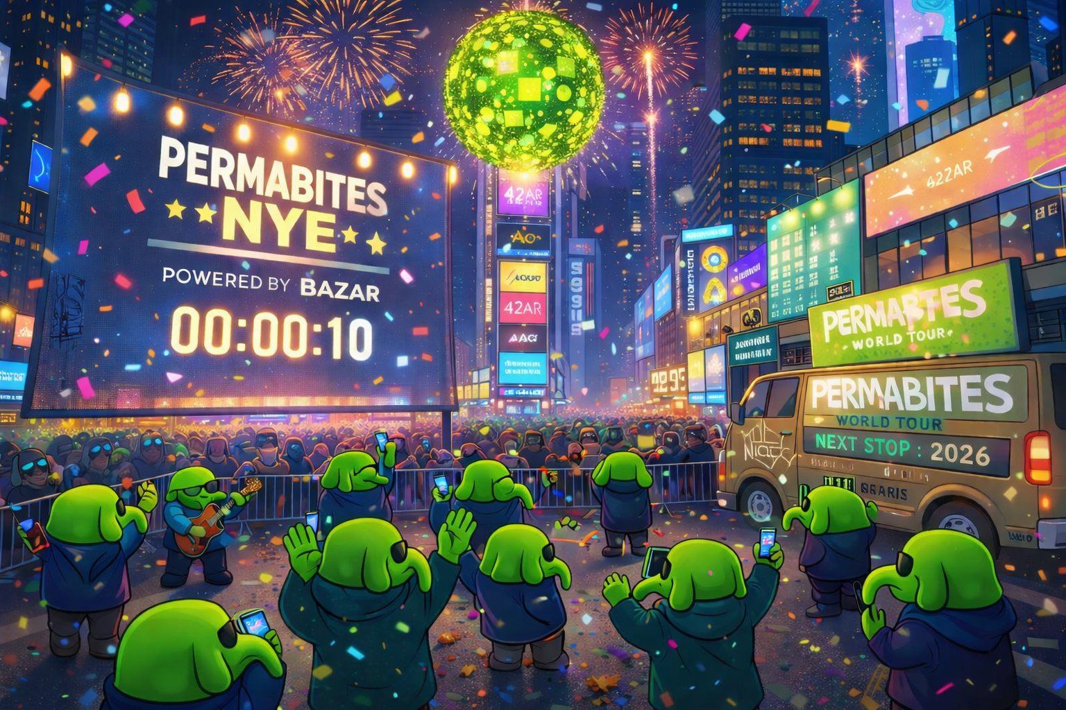 Cartoon-style graphic showing a group of green elephants celebrating New Year’s Eve in Times Square, New York City.